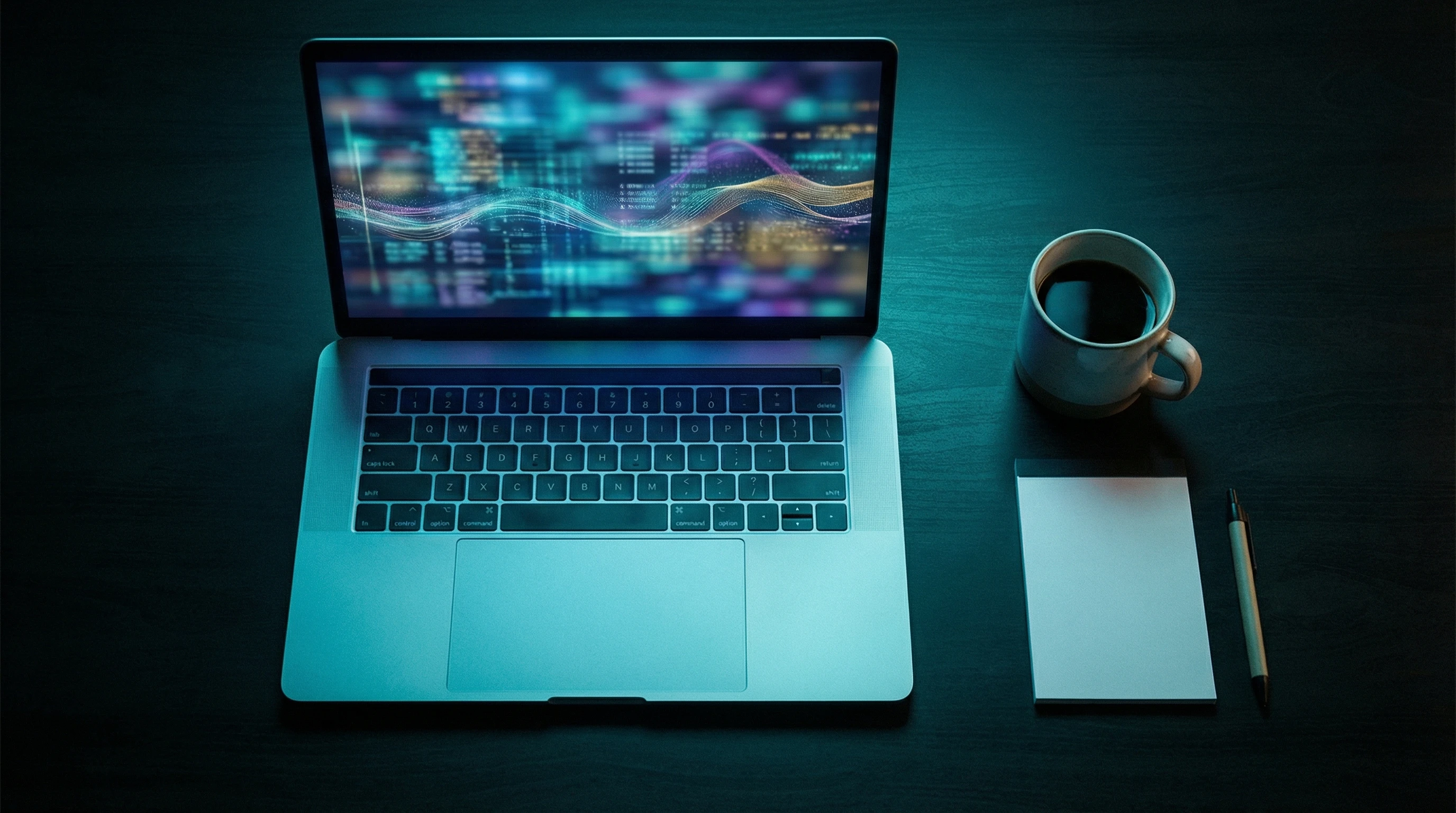 Modern workspace with laptop showing AI agent dashboard and data visualizations