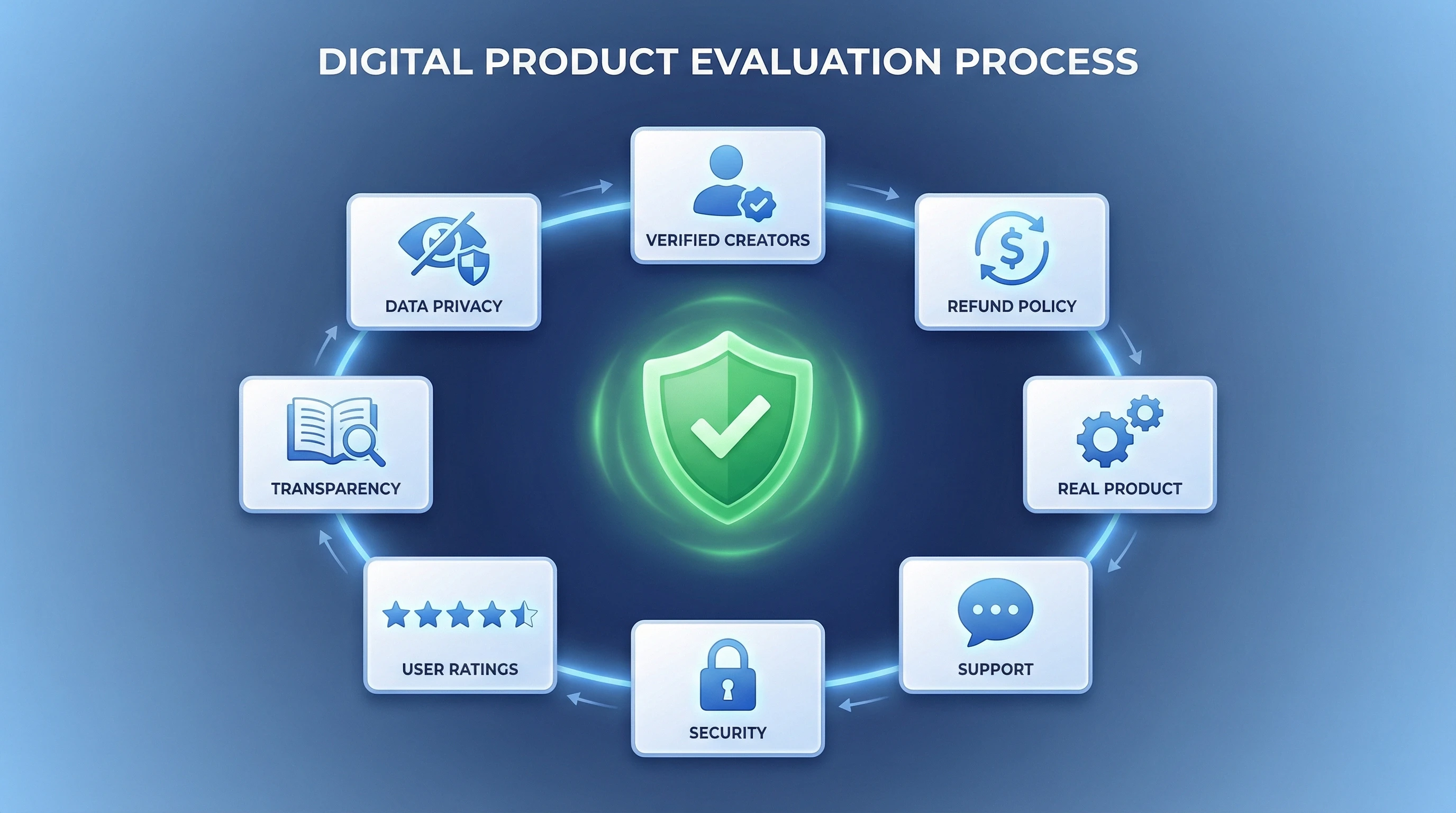 Eight-point trust evaluation showing verified creators, refund policy, real product, and support