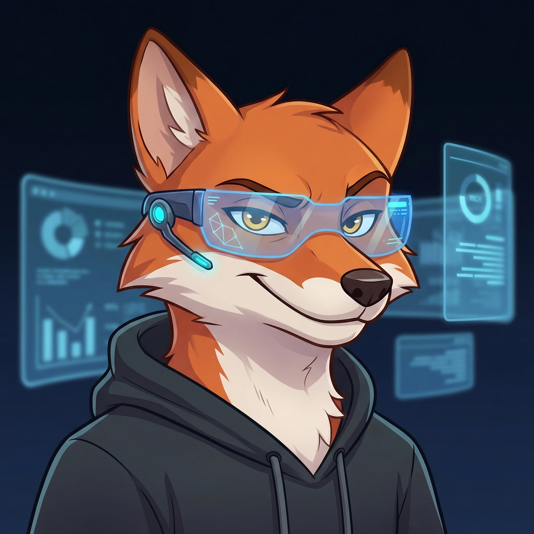 Scout the fox AI agent character portrait with holographic data screens