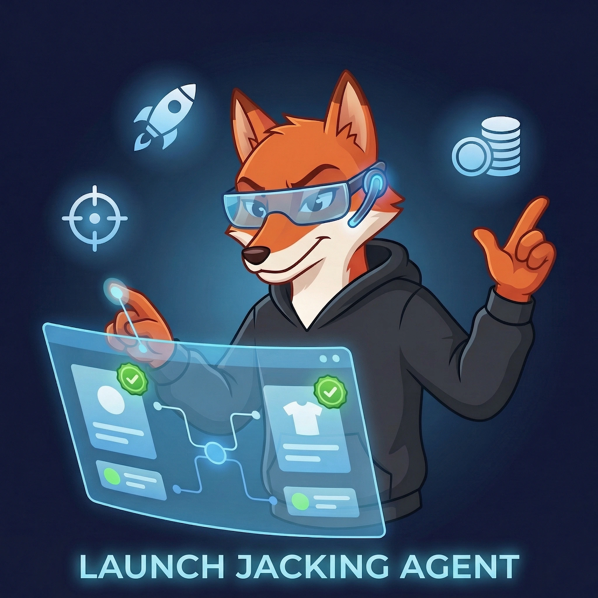 Scout the fox launch jacking agent character with holographic dashboard and benefit icons